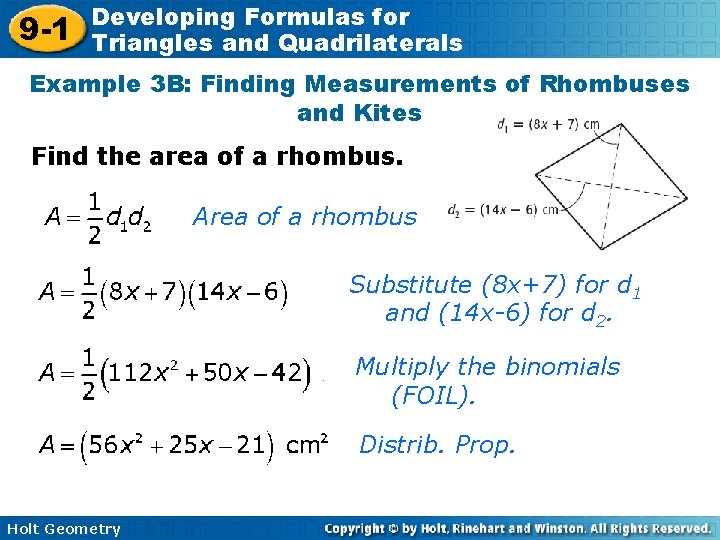 9 -1 Developing Formulas for Triangles and Quadrilaterals Example 3 B: Finding Measurements of