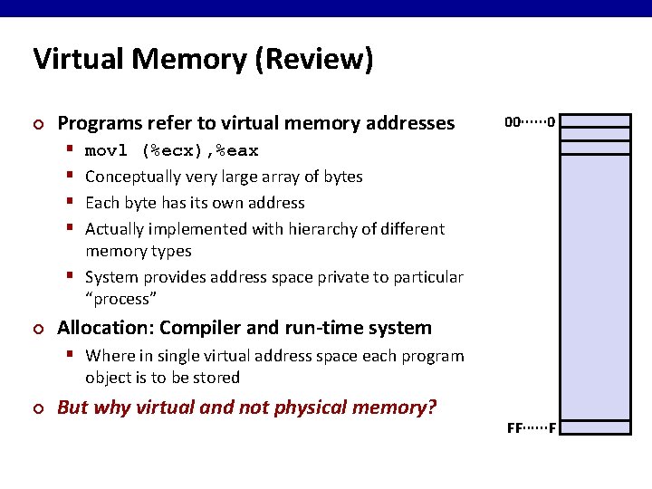 Virtual Memory (Review) ¢ Programs refer to virtual memory addresses 00∙∙∙∙∙∙ 0 § §