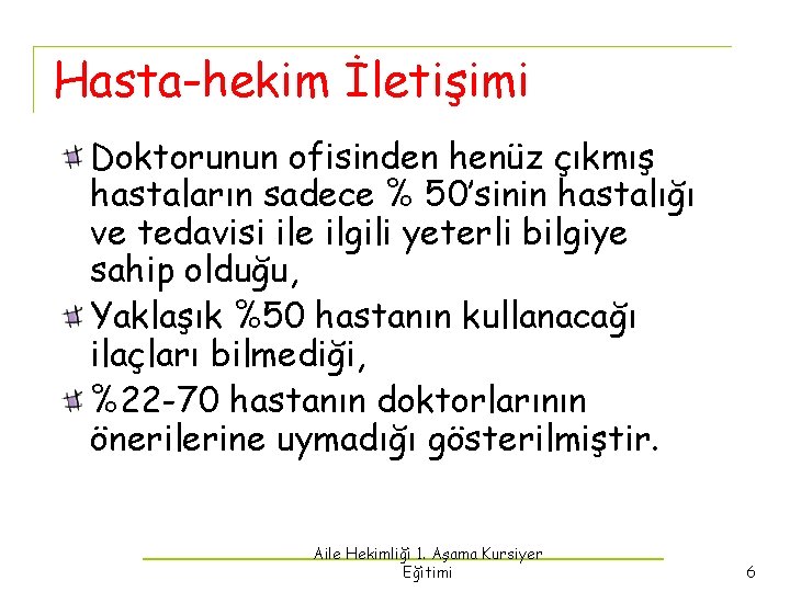 Hasta-hekim İletişimi Doktorunun ofisinden henüz çıkmış hastaların sadece % 50’sinin hastalığı ve tedavisi ile