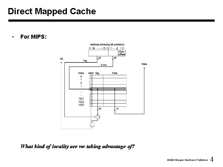 Direct Mapped Cache • For MIPS: What kind of locality are we taking advantage