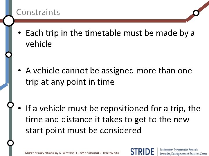 Constraints • Each trip in the timetable must be made by a vehicle •