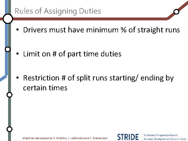 Rules of Assigning Duties • Drivers must have minimum % of straight runs •