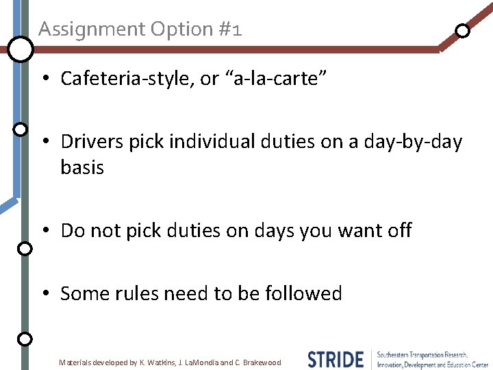 Assignment Option #1 • Cafeteria-style, or “a-la-carte” • Drivers pick individual duties on a