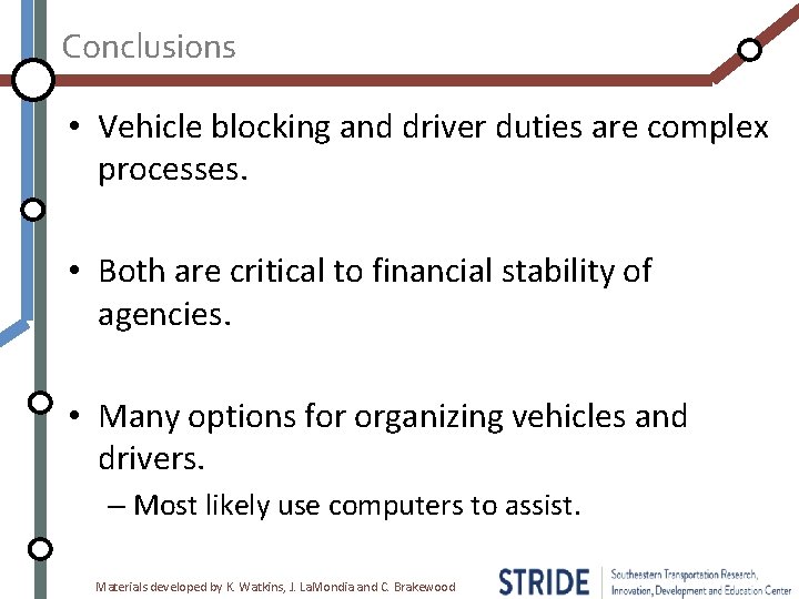 Conclusions • Vehicle blocking and driver duties are complex processes. • Both are critical