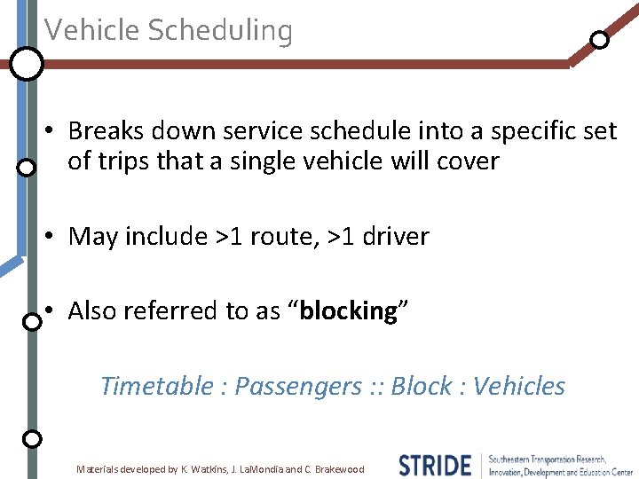 Vehicle Scheduling • Breaks down service schedule into a specific set of trips that