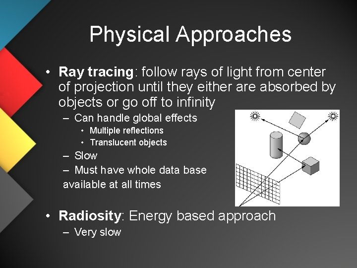 Physical Approaches • Ray tracing: follow rays of light from center of projection until