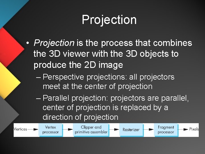 Projection • Projection is the process that combines the 3 D viewer with the