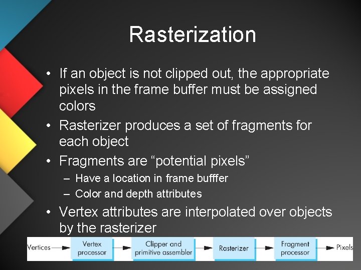 Rasterization • If an object is not clipped out, the appropriate pixels in the