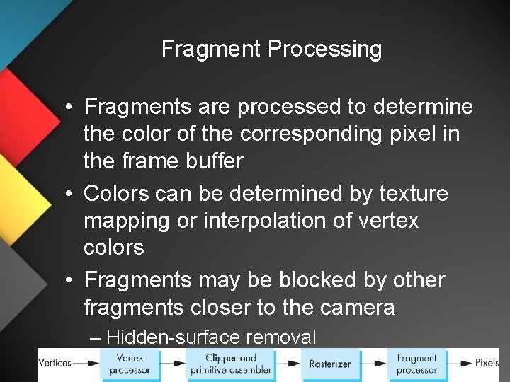 Fragment Processing • Fragments are processed to determine the color of the corresponding pixel