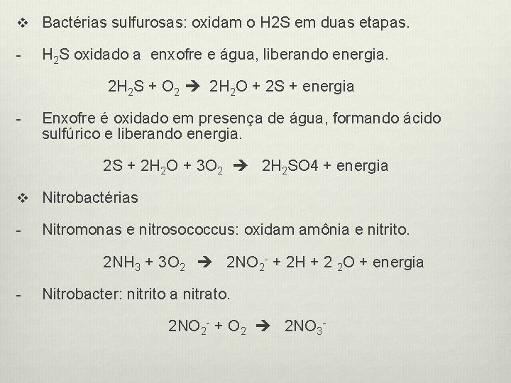 v Bactérias sulfurosas: oxidam o H 2 S em duas etapas. - H 2