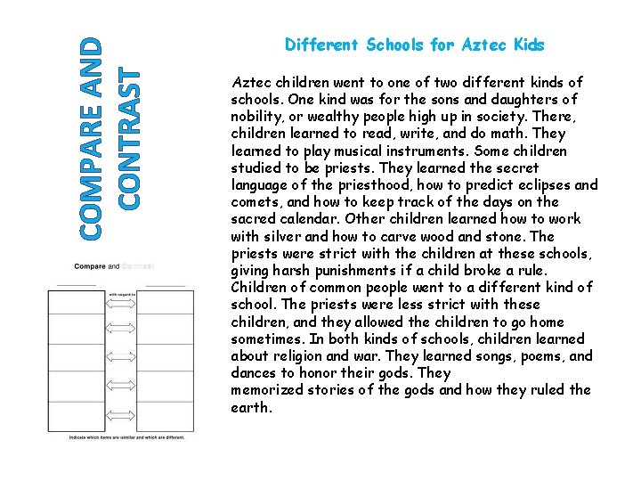 COMPARE AND CONTRAST Different Schools for Aztec Kids Aztec children went to one of