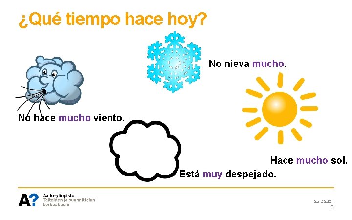 ¿Qué tiempo hace hoy? No nieva mucho. No hace mucho viento. Hace mucho sol.