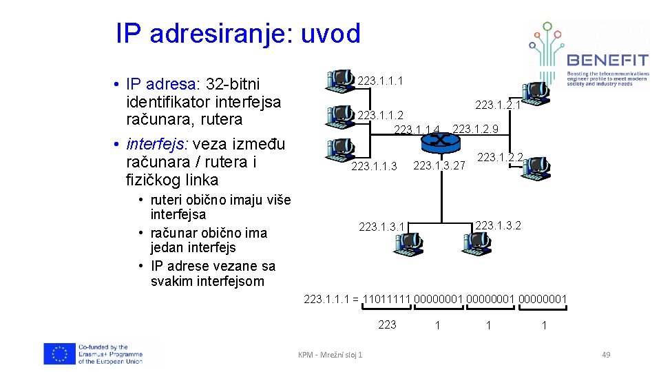 IP adresiranje: uvod • IP adresa: 32 -bitni identifikator interfejsa računara, rutera • interfejs:
