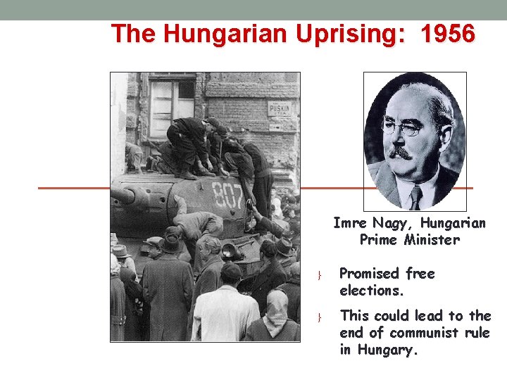 The Hungarian Uprising: 1956 Imre Nagy, Hungarian Prime Minister } Promised free elections. }