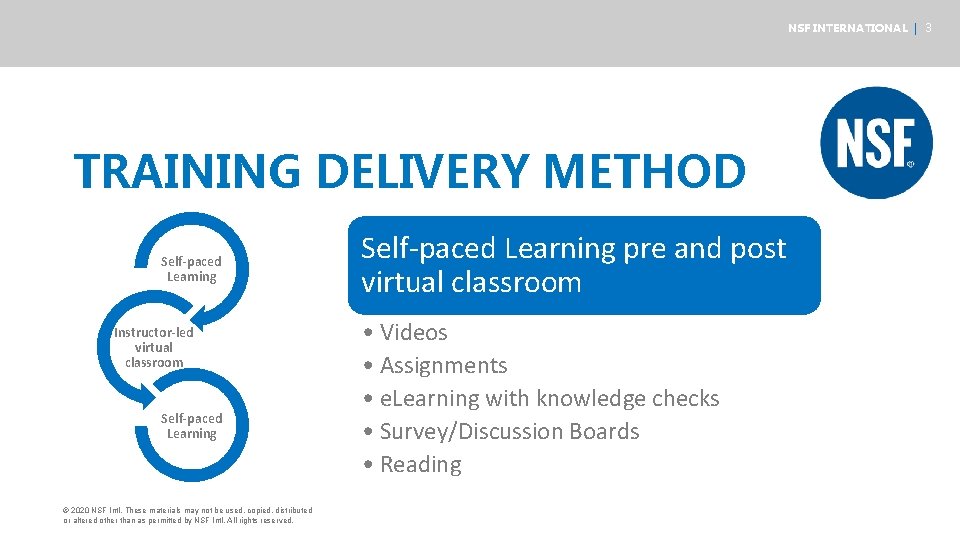 NSF INTERNATIONAL | 3 TRAINING DELIVERY METHOD Self-paced Learning Instructor-led virtual classroom Self-paced Learning