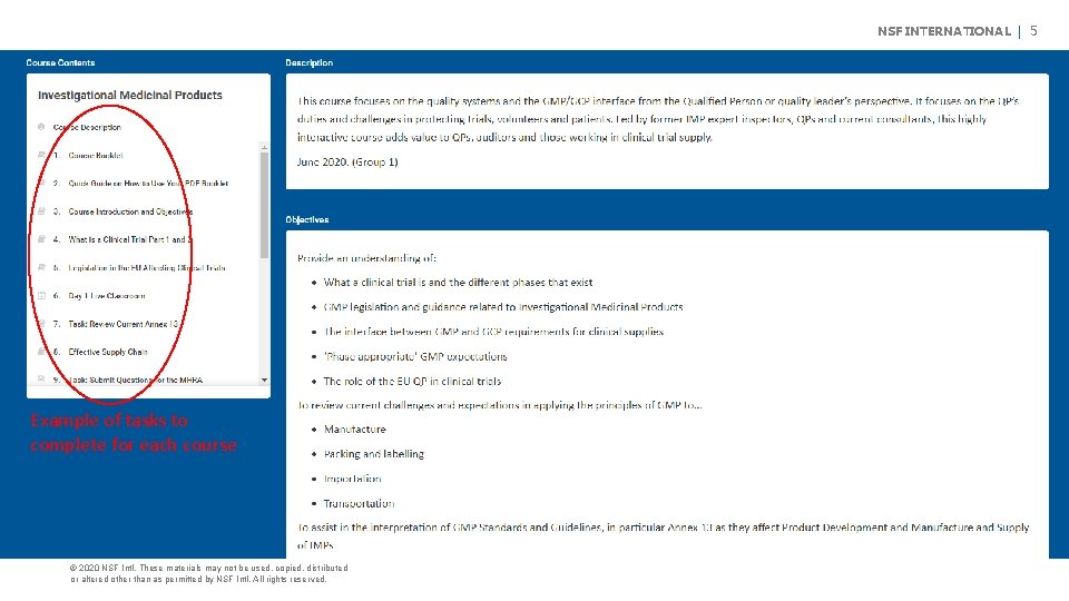 NSF INTERNATIONAL | 5 Example of tasks to complete for each course © 2020