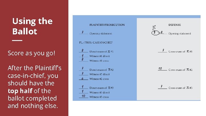 Using the Ballot Score as you go! After the Plaintiff’s case-in-chief, you should have