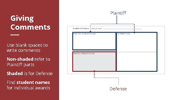 Giving Comments Plaintiff Use blank spaces to write comments Non-shaded refer to Plaintiff parts