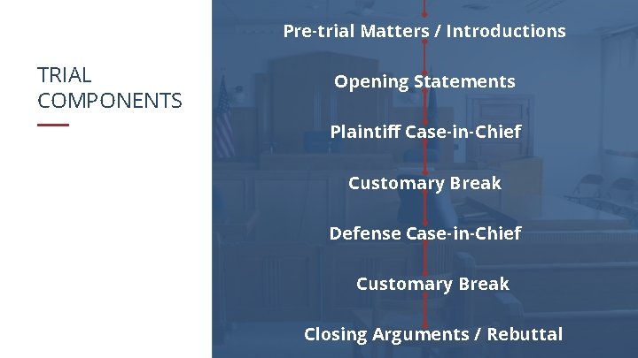 Pre-trial Matters / Introductions TRIAL COMPONENTS Opening Statements Plaintiff Case-in-Chief Customary Break Defense Case-in-Chief