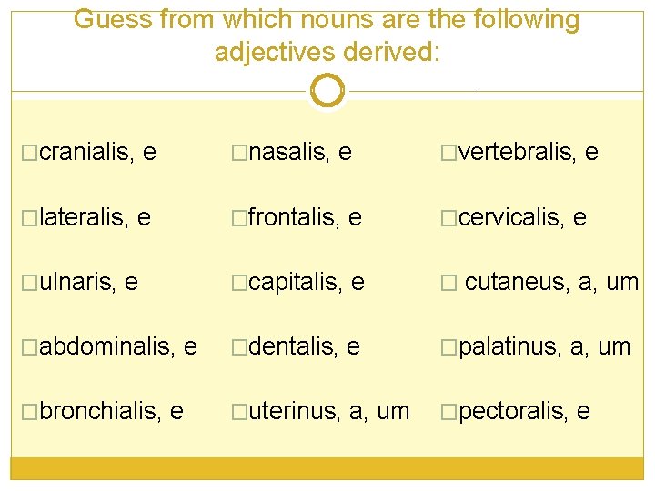Guess from which nouns are the following adjectives derived: �cranialis, e �nasalis, e �vertebralis, Guess from which nouns are the following adjectives derived: �cranialis, e �nasalis, e �vertebralis,