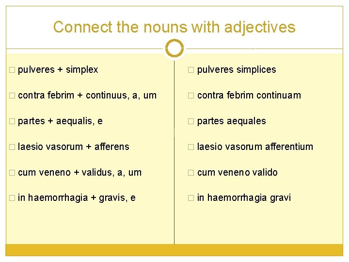 Connect the nouns with adjectives � pulveres + simplex � pulveres simplices � contra Connect the nouns with adjectives � pulveres + simplex � pulveres simplices � contra