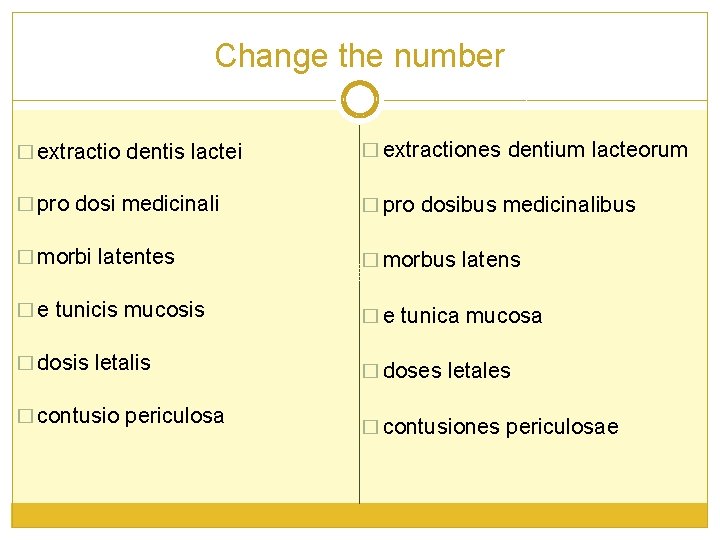 Change the number � extractio dentis lactei � extractiones dentium lacteorum � pro dosi Change the number � extractio dentis lactei � extractiones dentium lacteorum � pro dosi