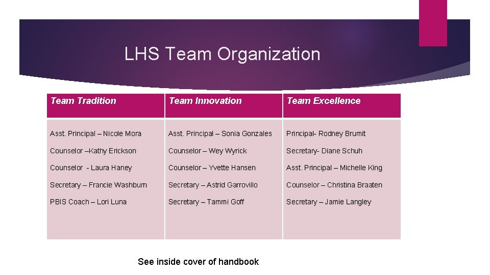 LHS Team Organization Team Tradition Team Innovation Team Excellence Asst. Principal – Nicole Mora