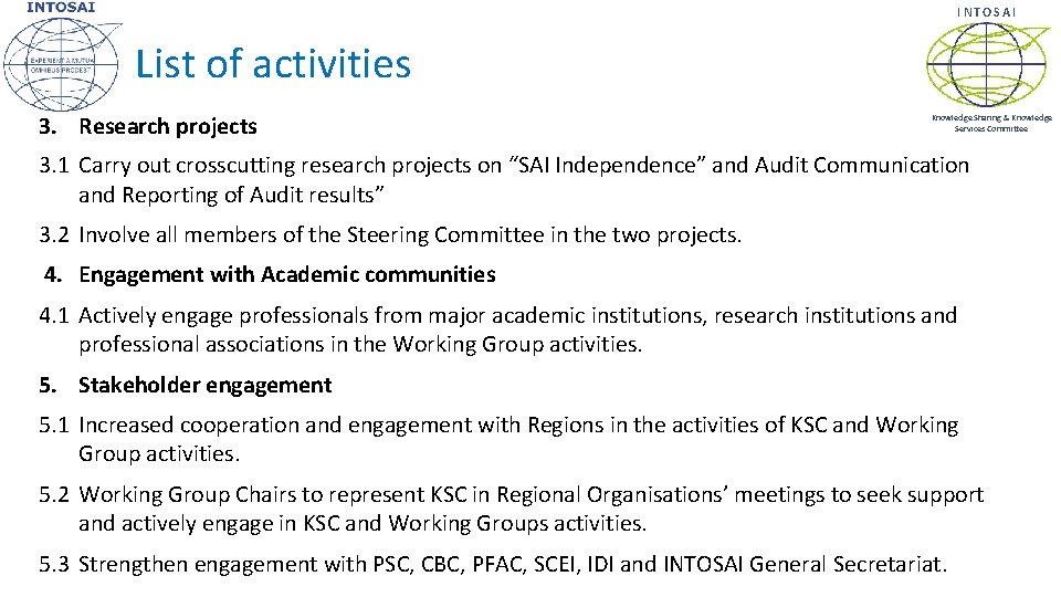 INTOSAI List of activities 3. Research projects Knowledge Sharing & Knowledge Services Committee 3.