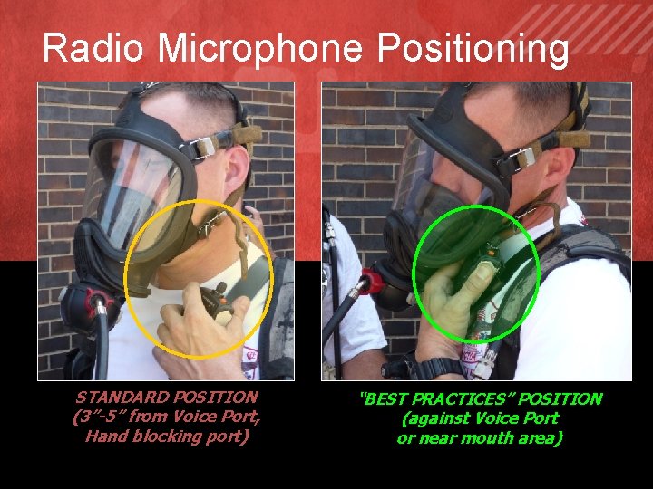 Radio Microphone Positioning STANDARD POSITION (3”-5” from Voice Port, Hand blocking port) “BESTMABAS PRACTICES”