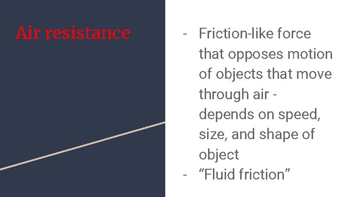 Air resistance - Friction-like force that opposes motion of objects that move through air