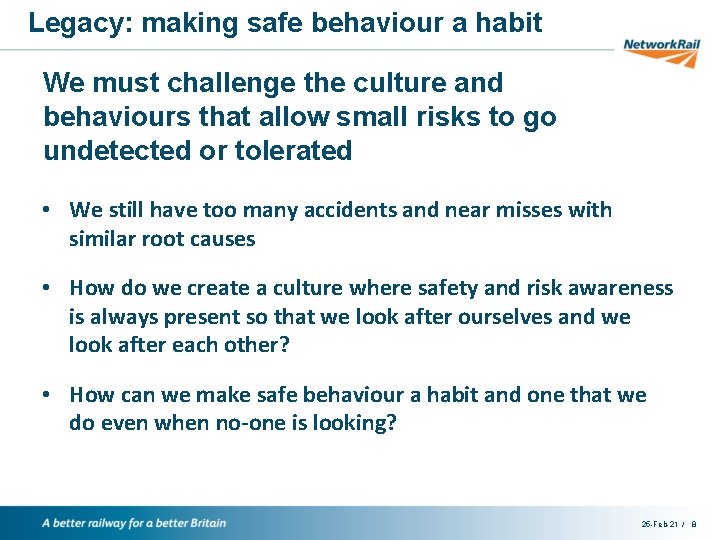 Legacy: making safe behaviour a habit Presentation Title: View > Header & Footer We