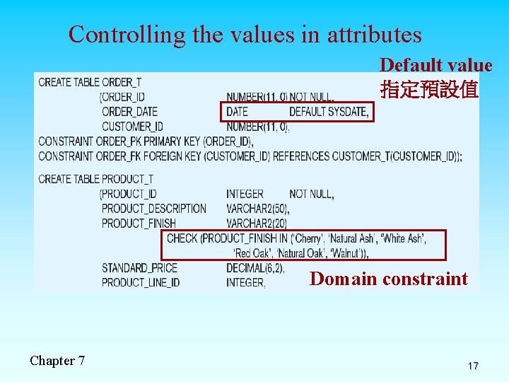 Controlling the values in attributes Default value 指定預設值 Domain constraint Chapter 7 17 