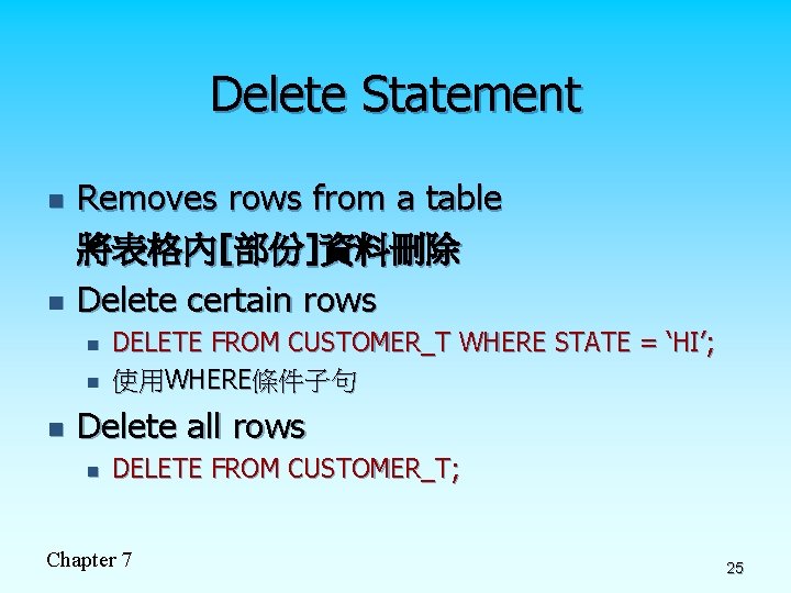 Delete Statement n n Removes rows from a table 將表格內[部份]資料刪除 Delete certain rows n