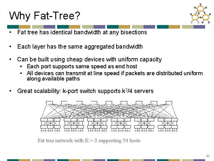 Why Fat-Tree? • Fat tree has identical bandwidth at any bisections • Each layer