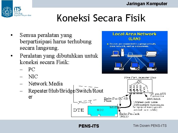 Jaringan Komputer Koneksi Secara Fisik • • Semua peralatan yang berpartisipasi harus terhubung secara Jaringan Komputer Koneksi Secara Fisik • • Semua peralatan yang berpartisipasi harus terhubung secara