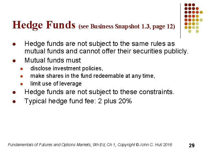 Hedge Funds (see Business Snapshot 1. 3, page 12) Hedge funds are not subject