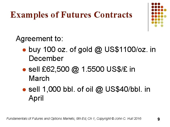 Examples of Futures Contracts Agreement to: l buy 100 oz. of gold @ US$1100/oz.