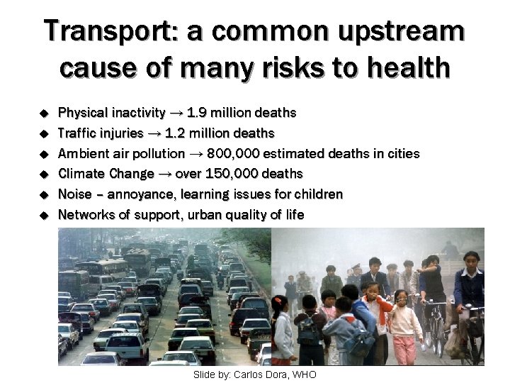 Transport: a common upstream cause of many risks to health u u u Physical