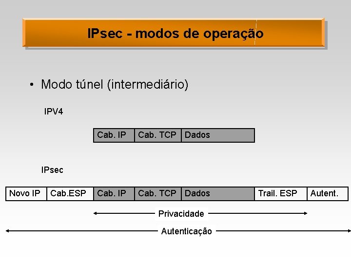 IPsec - modos de operação • Modo túnel (intermediário) IPV 4 Cab. IP Cab.