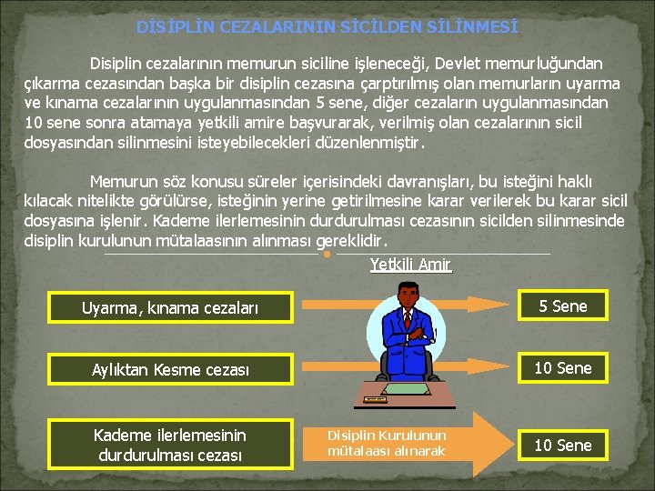 DİSİPLİN CEZALARININ SİCİLDEN SİLİNMESİ Disiplin cezalarının memurun siciline işleneceği, Devlet memurluğundan çıkarma cezasından başka