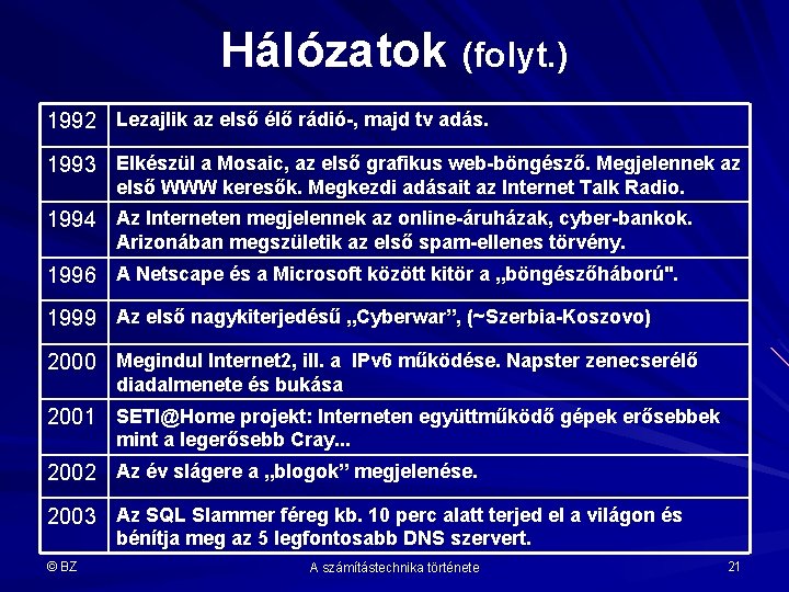 Hálózatok (folyt. ) 1992 Lezajlik az első élő rádió-, majd tv adás. 1993 Elkészül