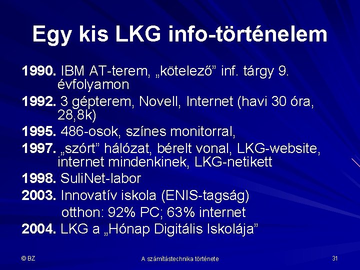 Egy kis LKG info-történelem 1990. IBM AT-terem, „kötelező” inf. tárgy 9. évfolyamon 1992. 3