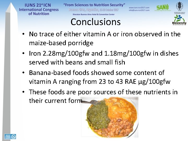 Conclusions • No trace of either vitamin A or iron observed in the maize-based