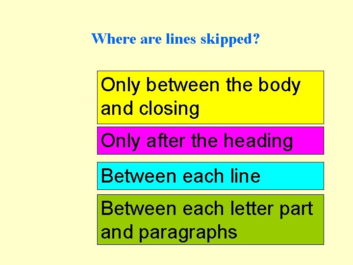 Where are lines skipped? Only between the body and closing Only after the heading