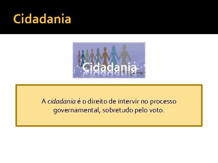 Cidadania A cidadania é o direito de intervir no processo governamental, sobretudo pelo voto.