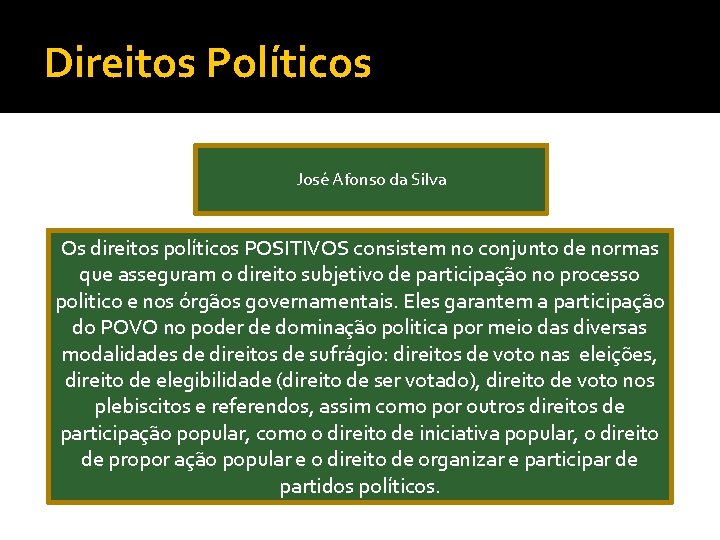 Direitos Políticos José Afonso da Silva Os direitos políticos POSITIVOS consistem no conjunto de