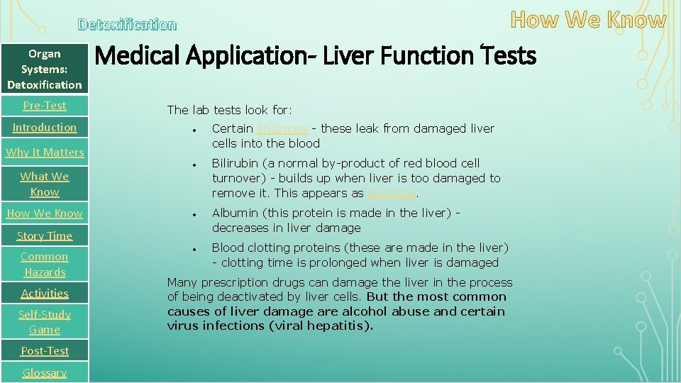 Detoxification Organ Systems: Detoxification Pre-Test Introduction Medical Application- Liver Function Tests The lab tests