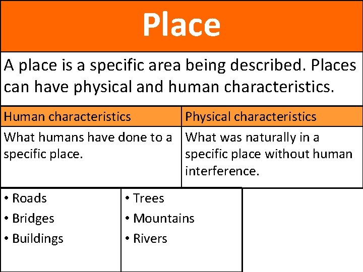 Place A place is a specific area being described. Places can have physical and