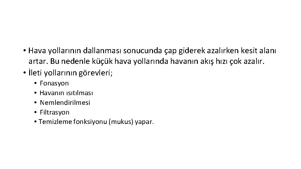  • Hava yollarının dallanması sonucunda çap giderek azalırken kesit alanı artar. Bu nedenle