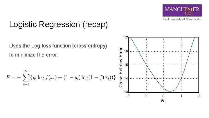 Logistic Regression (recap) Uses the Log-loss function (cross entropy) to minimize the error: 